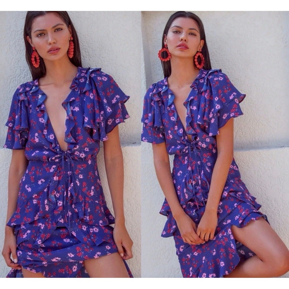 La Maison Talulah sz M Blue Floral Ruffle Tiered Midi Dress Resortwear NWOT